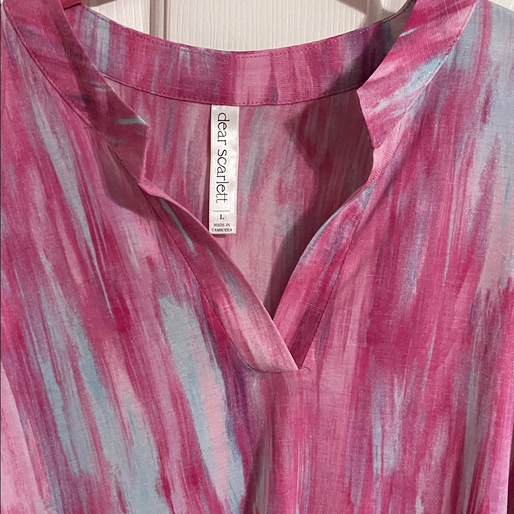 Brushstroke Pink & Light Blue V-Neck Tunic Blouse - Picture 2 of 4